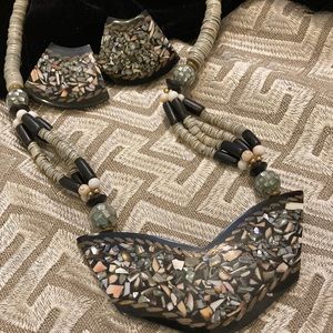 Vintage Abalone and Black Enamel Earring & Necklace Set